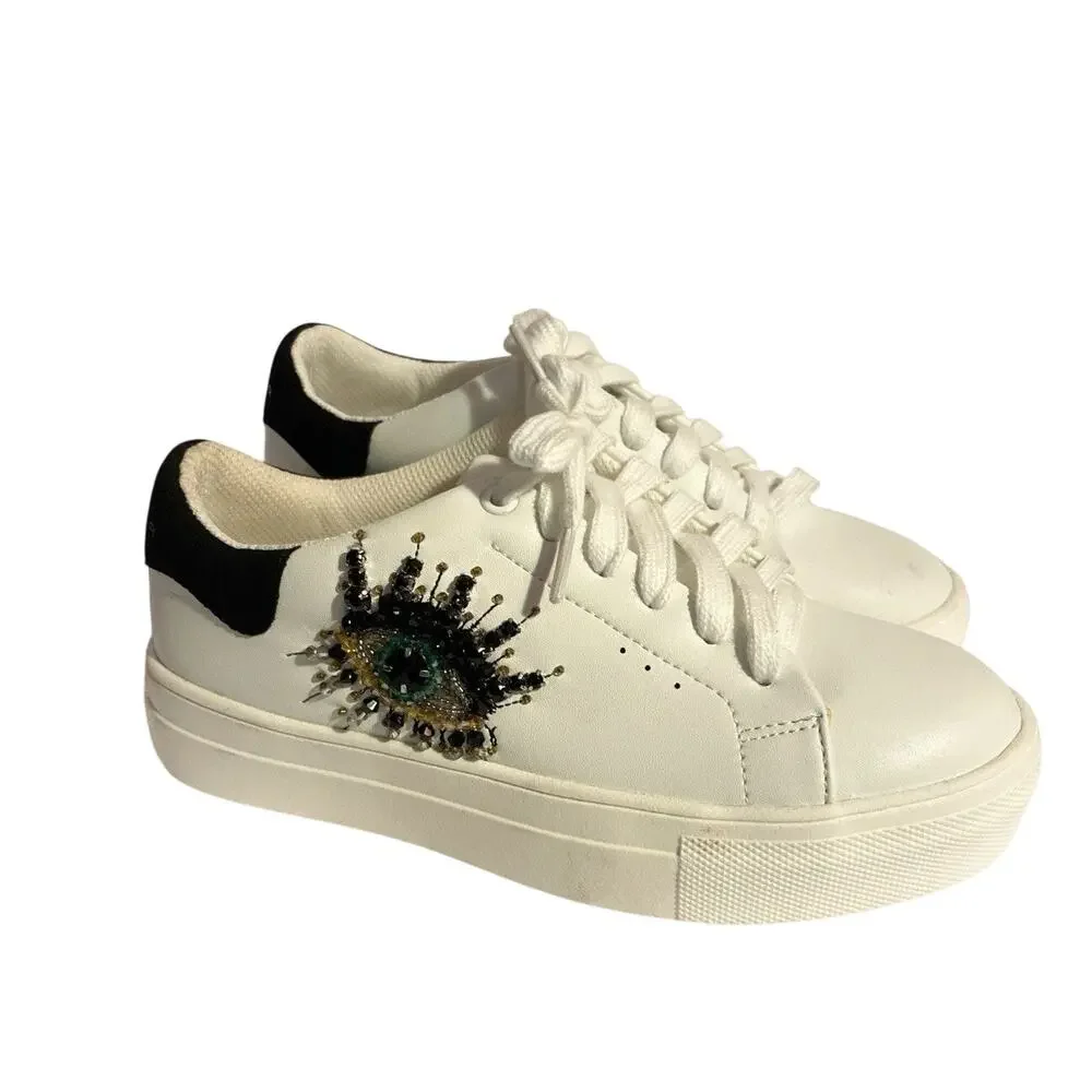 Kurt Geiger London Mini Laney Eye Sneakers Girls Size 3 White Lace Up Shoes